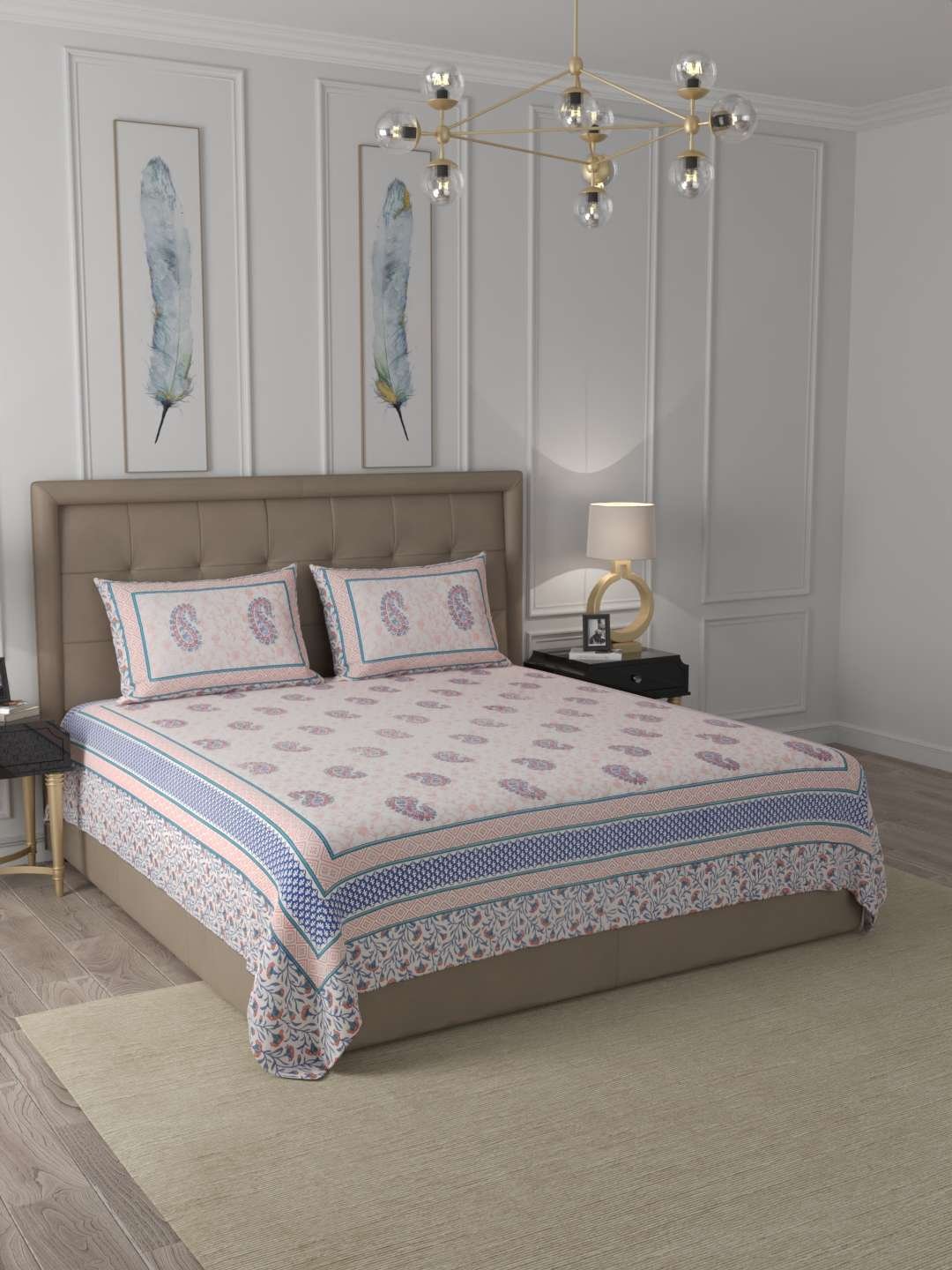100% Pure Cotton Traditional Printed Bedsheet for Double Bed King Size Bedsheet with 2 Pillow Covers