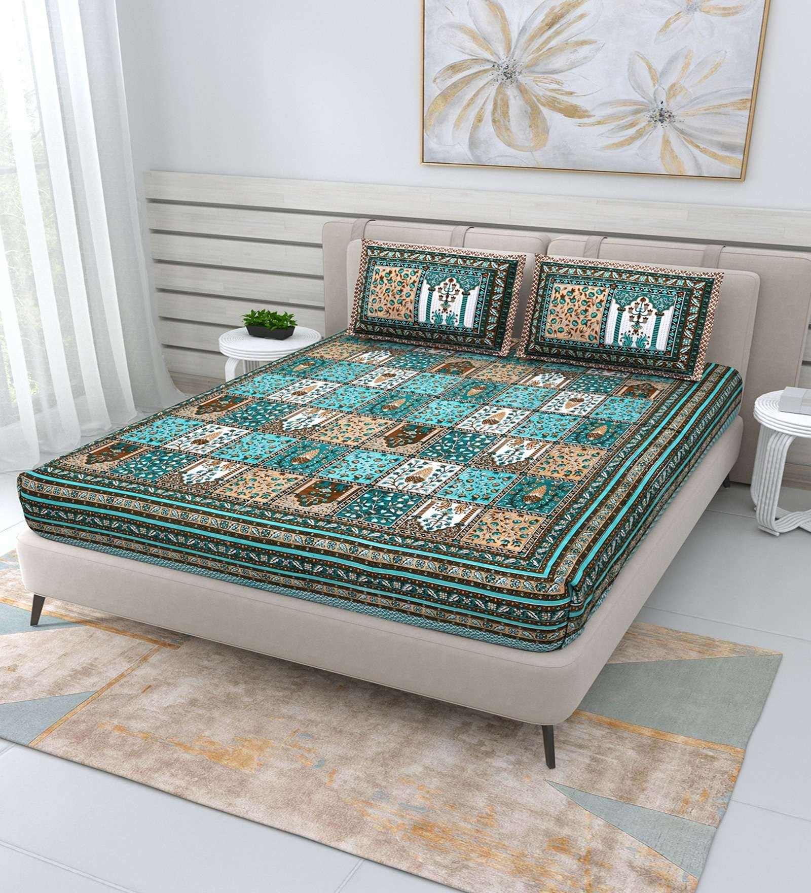 100% Pure Cotton Traditional Printed Bedsheet for Double Bed King Size Bedsheet with 2 Pillow Covers