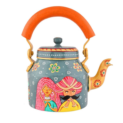Aluminium Hand-Painted Hand-Painted Rajasthani Couple Design Tea Kettle - 750 ml