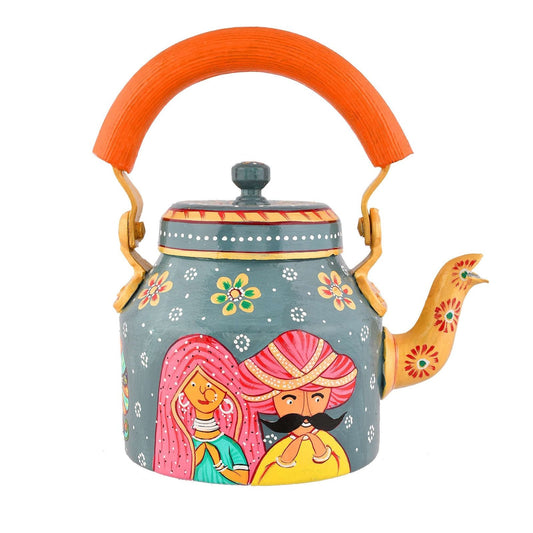 Aluminium Hand-Painted Hand-Painted Rajasthani Couple Design Tea Kettle - 750 ml