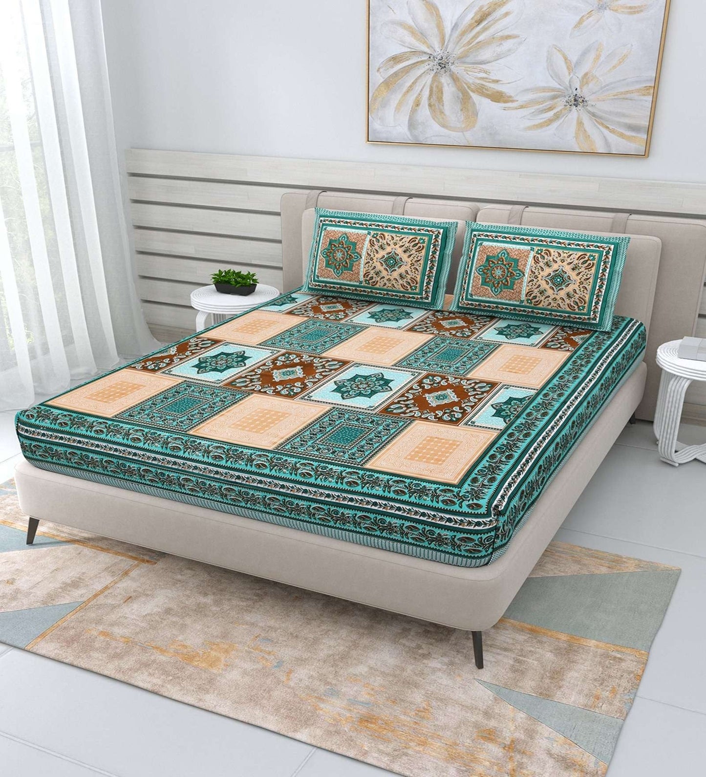 100% Pure Cotton Traditional Printed Bedsheet for Double Bed King Size Bedsheet with 2 Pillow Covers