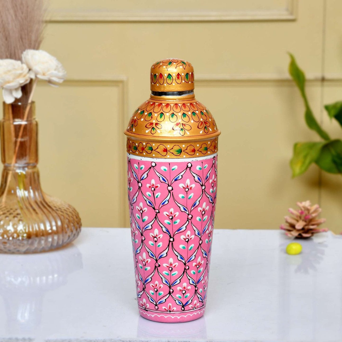 Premium Hand-Painted Pink Aluminium Water Bottle Flask with Floral Design