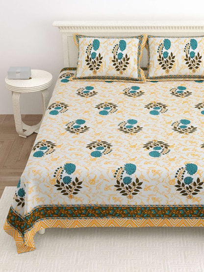 100% Pure Cotton Traditional Printed Bedsheet for Double Bed King Size Bedsheet with 2 Pillow Covers