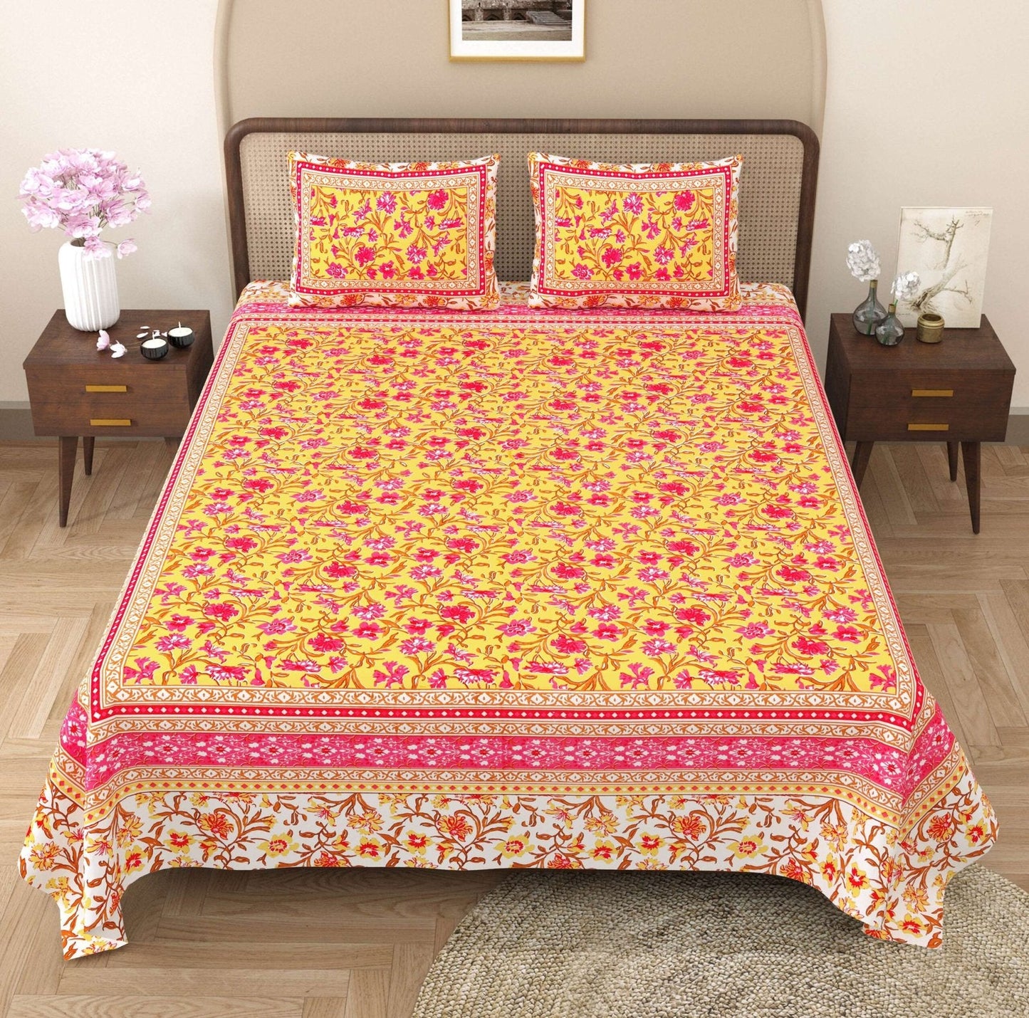 100% Pure Cotton Traditional Printed Bedsheet for Double Bed King Size Bedsheet with 2 Pillow Covers