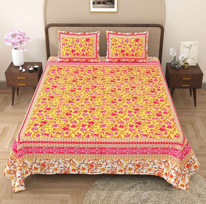 100% Pure Cotton Traditional Printed Bedsheet for Double Bed King Size Bedsheet with 2 Pillow Covers