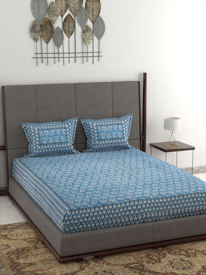 100% Pure Cotton Traditional Printed Bedsheet for Double Bed King Size Bedsheet with 2 Pillow Covers
