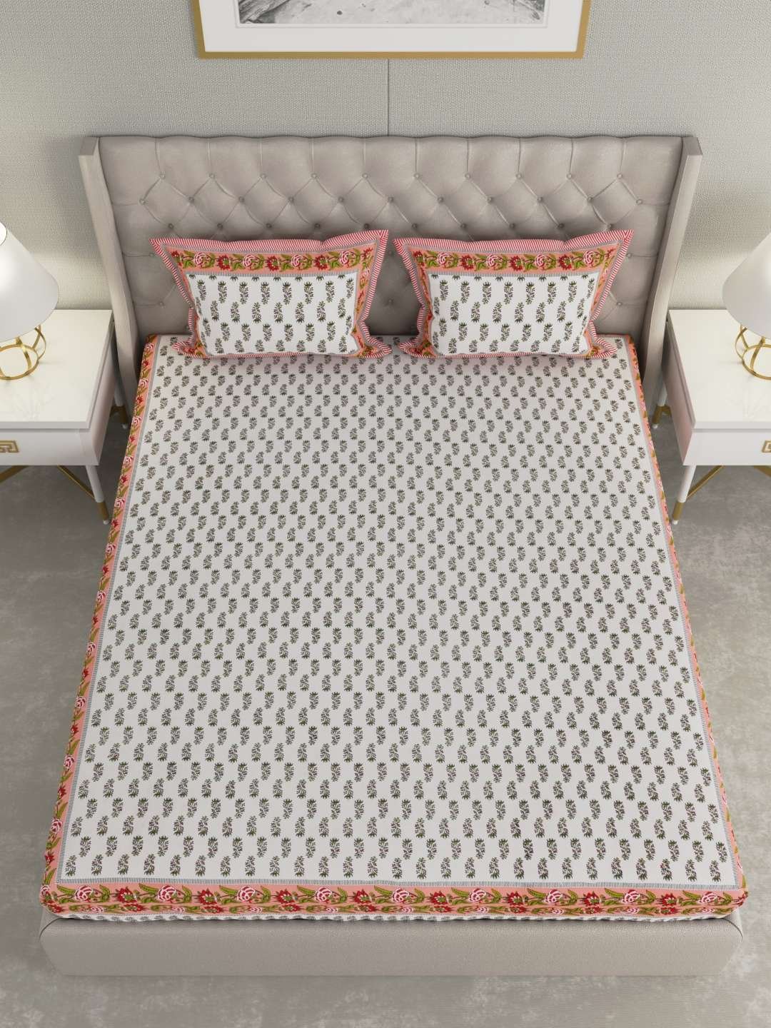 100% Pure Cotton Traditional Printed Bedsheet for Double Bed King Size Bedsheet with 2 Pillow Covers