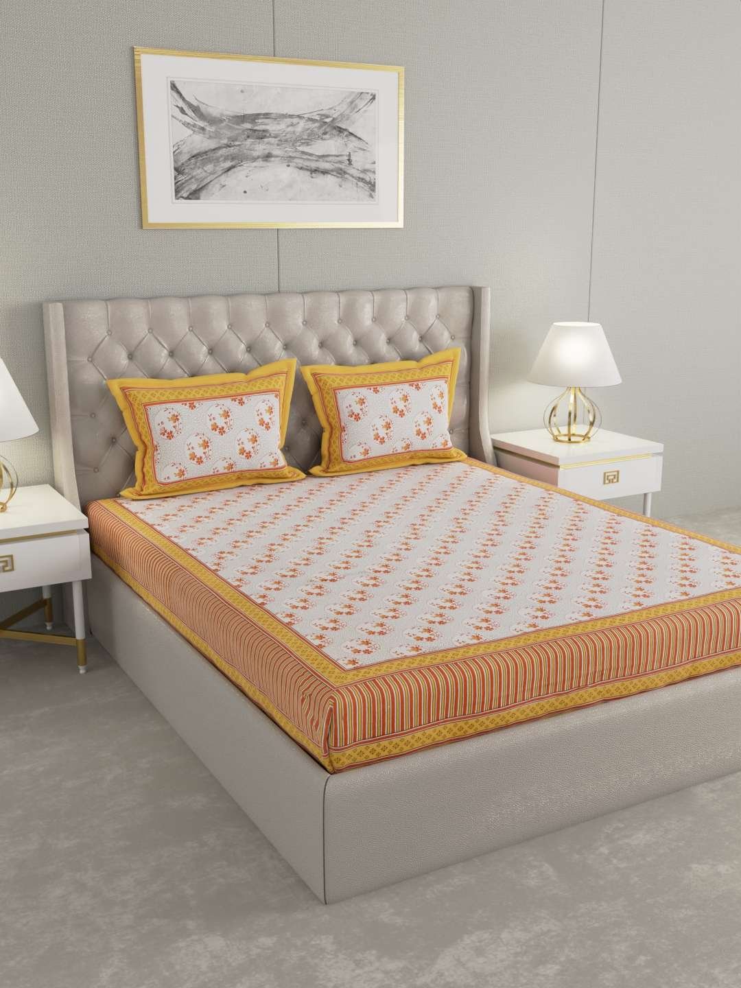 100% Pure Cotton Traditional Printed Bedsheet for Double Bed King Size Bedsheet with 2 Pillow Covers