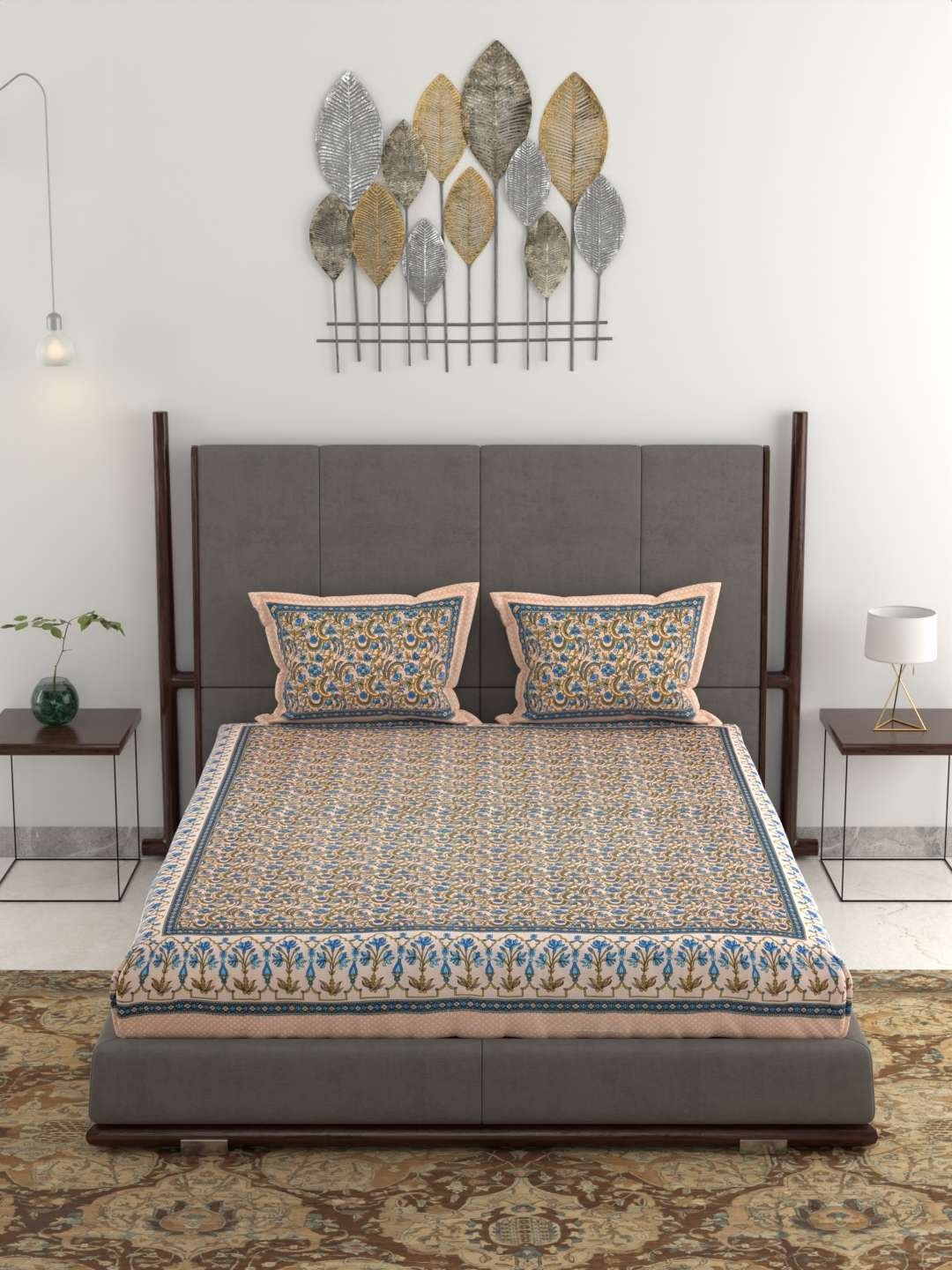 100% Pure Cotton Traditional Printed Bedsheet for Double Bed King Size Bedsheet with 2 Pillow Covers
