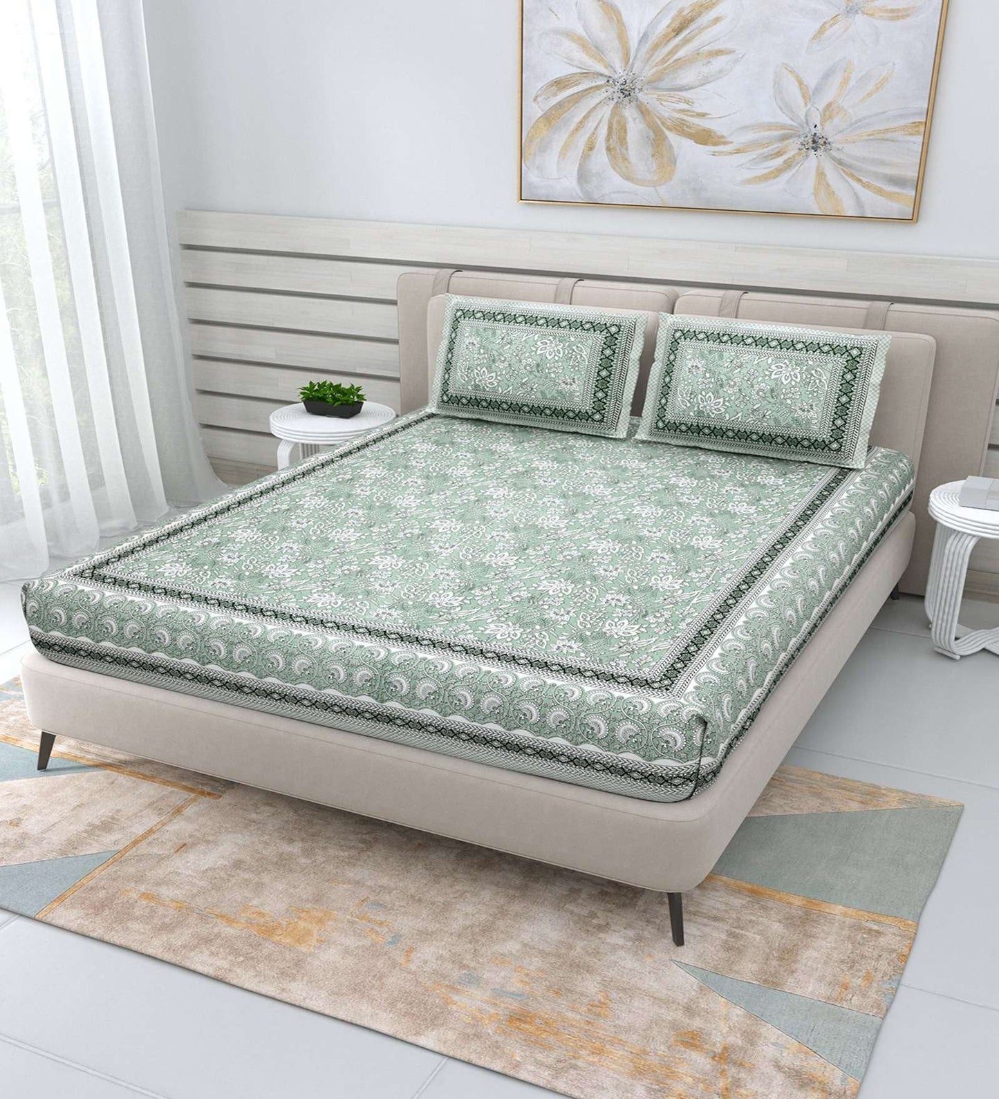 100% Pure Cotton Traditional Printed Bedsheet for Double Bed King Size Bedsheet with 2 Pillow Covers