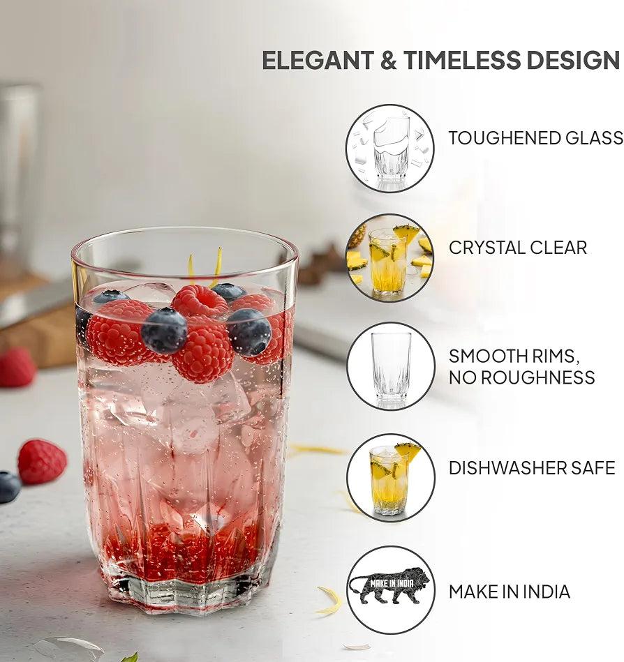 CELLO Glaze Glass Set of 6 Pcs 180ml, Transparent | Freezer & Fridge Safe, Leadfree Dishwasher Safe Toughened Crystal Clear Glasses Set For Drinking Water Juice Milk Cocktail Mocktail Coldrinks & Soda