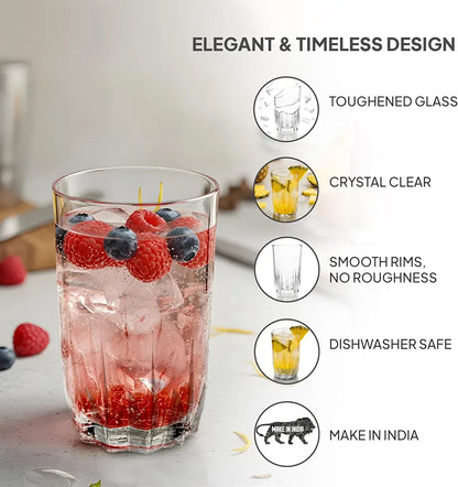 CELLO Glaze Glass Set of 6 Pcs 180ml, Transparent | Freezer & Fridge Safe, Leadfree Dishwasher Safe Toughened Crystal Clear Glasses Set For Drinking Water Juice Milk Cocktail Mocktail Coldrinks & Soda