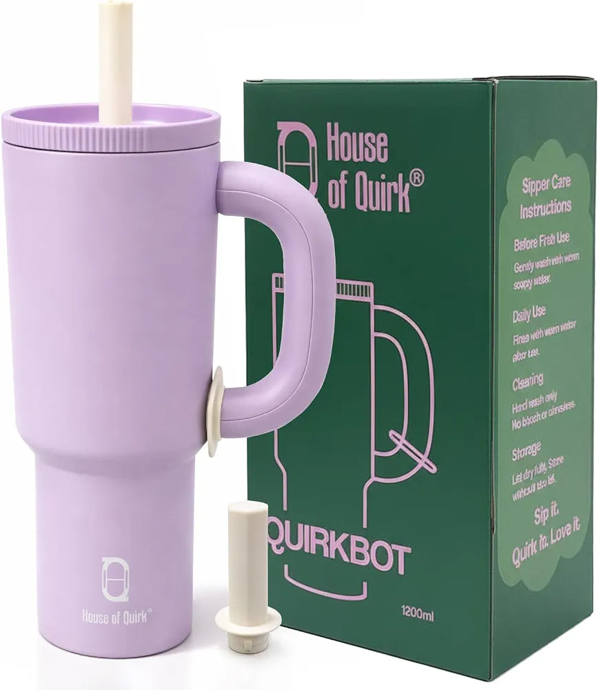 House of Quirk 1200ml Stainless Steel Tumbler with Handle, Straw & Straw Cap | Leakproof Water Bottle | Large Capacity Travel Mug 