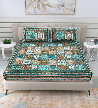 100% Pure Cotton Traditional Printed Bedsheet for Double Bed King Size Bedsheet with 2 Pillow Covers