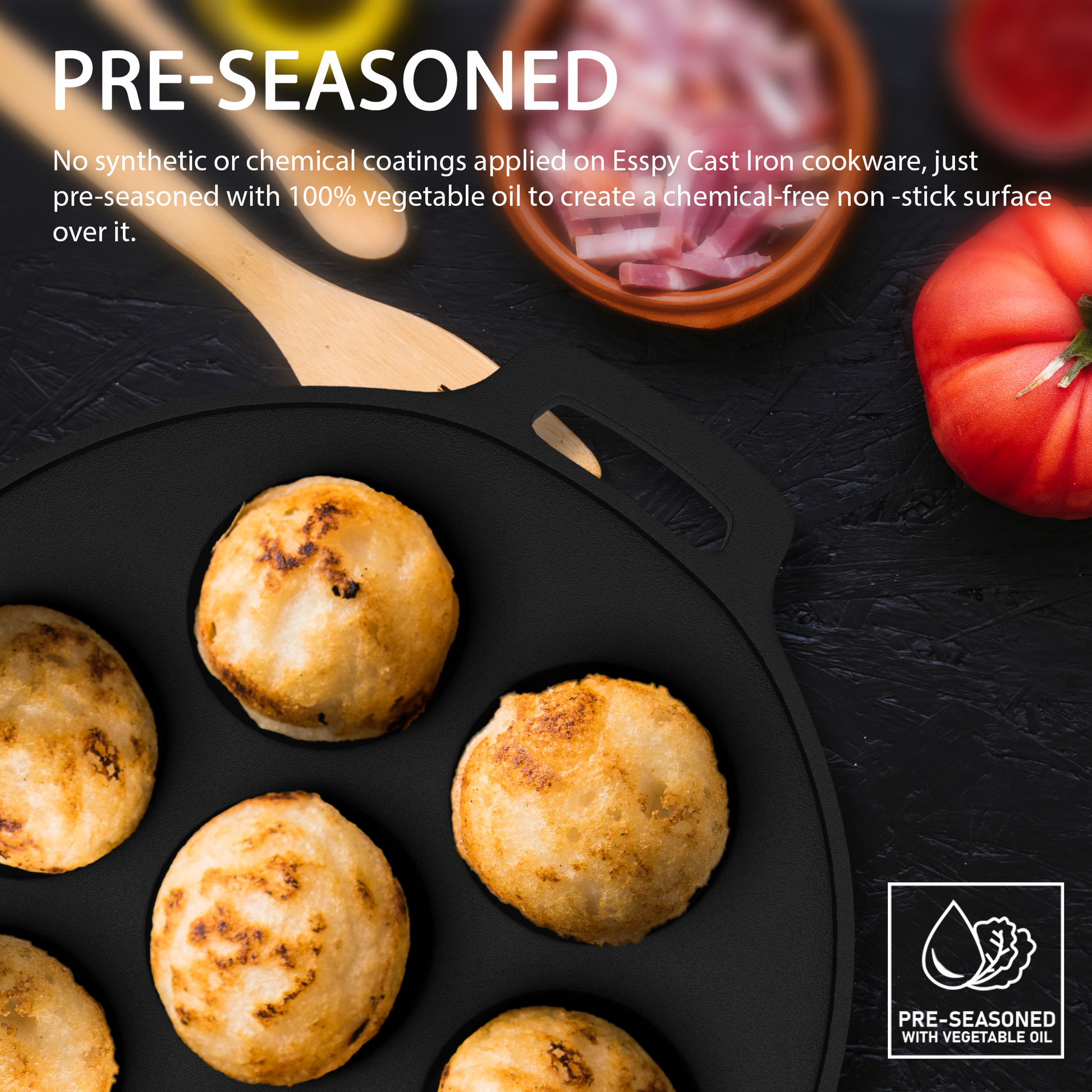 Esspy 7 Pit Pre-Seasoned Cast Iron Paniyaram Pan With Silicon Handle & Glass Lid| Non-stick | Induction Friendly | Appe/Paddu Pan | 100% Pure & Toxin-Free | Gunta Ponganalu/Paddu | Cast Iron Cookware