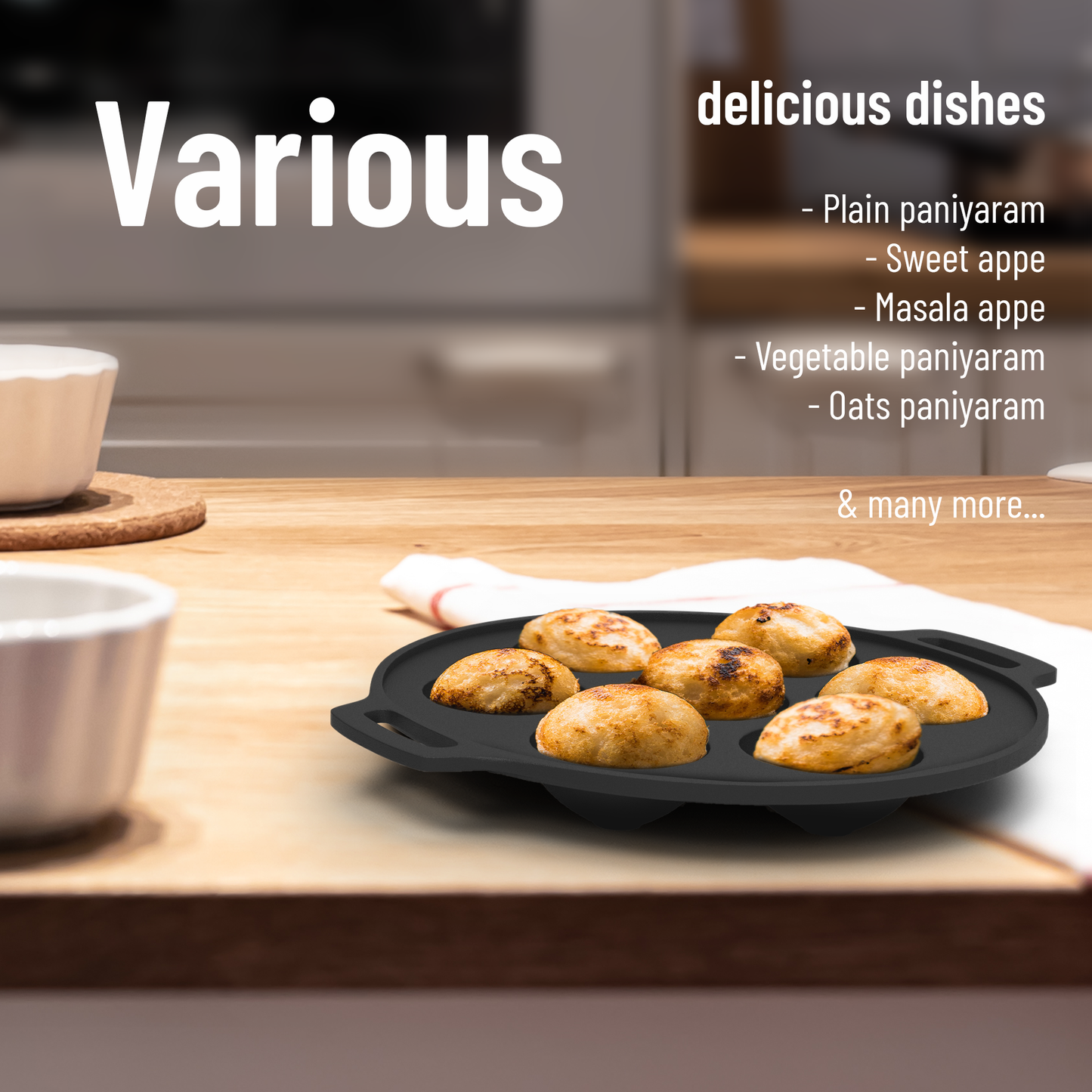 Esspy 7 Pit Pre-Seasoned Cast Iron Paniyaram Pan With Silicon Handle & Glass Lid| Non-stick | Induction Friendly | Appe/Paddu Pan | 100% Pure & Toxin-Free | Gunta Ponganalu/Paddu | Cast Iron Cookware