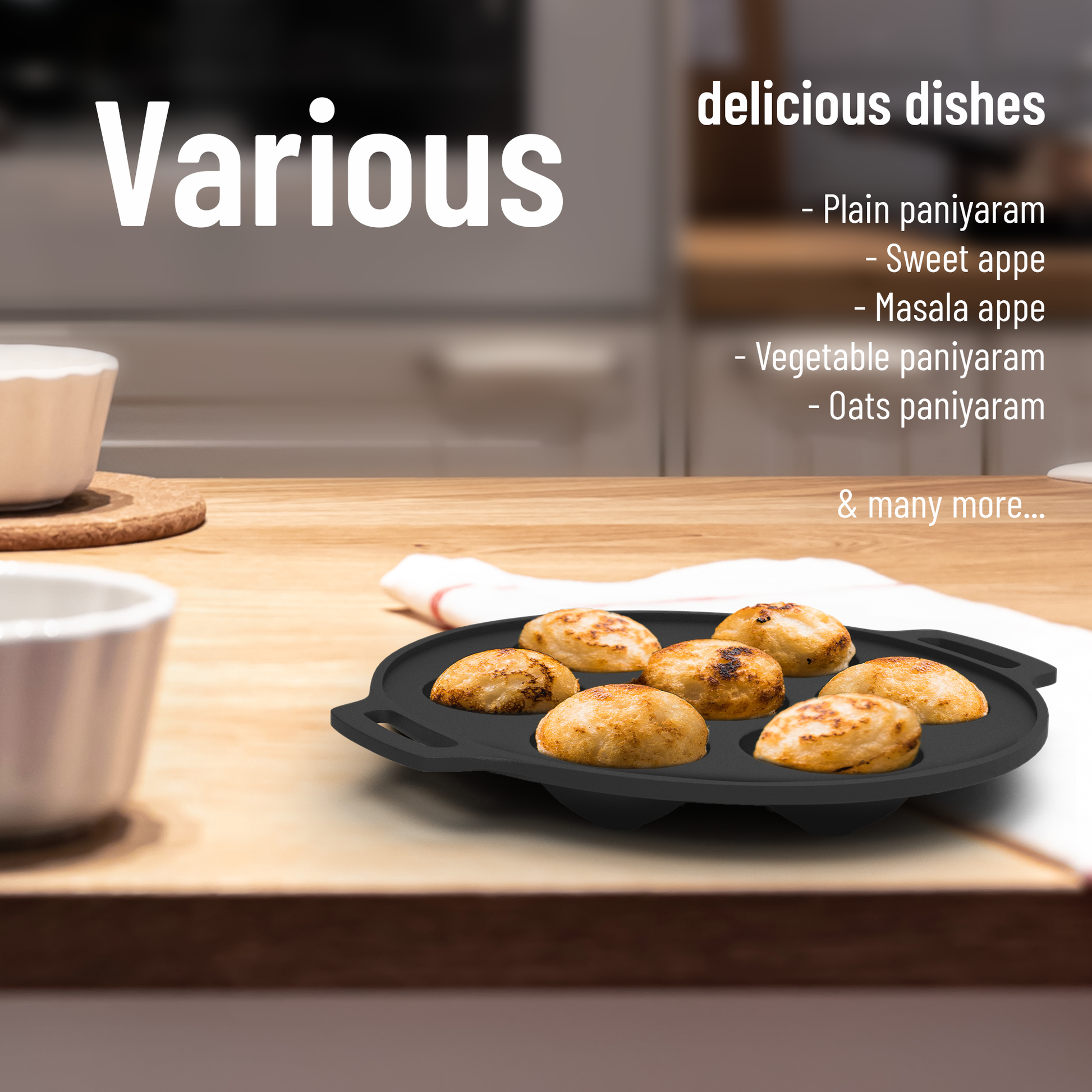 Esspy 7 Pit Pre-Seasoned Cast Iron Paniyaram Pan With Silicon Handle & Glass Lid| Non-stick | Induction Friendly | Appe/Paddu Pan | 100% Pure & Toxin-Free | Gunta Ponganalu/Paddu | Cast Iron Cookware