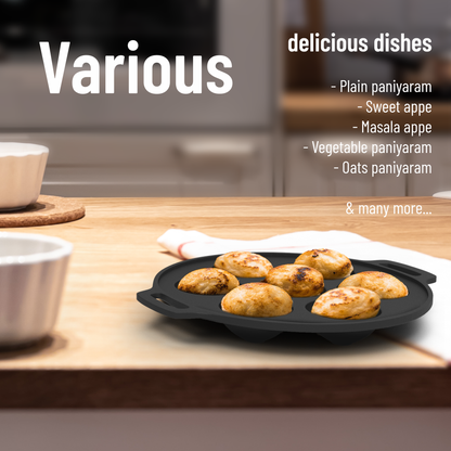 Esspy 7 Pit Pre-Seasoned Cast Iron Paniyaram Pan With Silicon Handle & Glass Lid| Non-stick | Induction Friendly | Appe/Paddu Pan | 100% Pure & Toxin-Free | Gunta Ponganalu/Paddu | Cast Iron Cookware