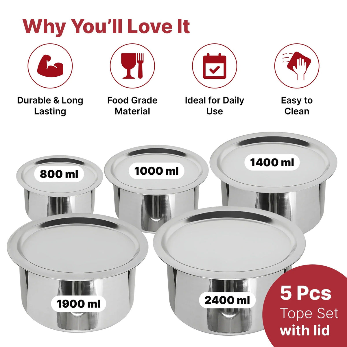 USHA SHRIRAM Stainless Steel Tope Set with Lid 5pcs (800ml+1L+1.4L+1.9L+2.4L) Gas Induction Flat Bottom