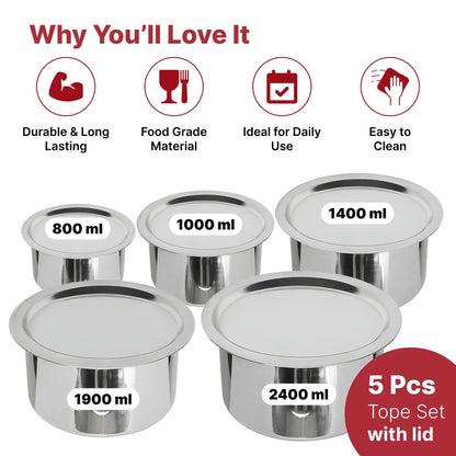 USHA SHRIRAM Stainless Steel Tope Set with Lid 5pcs (800ml+1L+1.4L+1.9L+2.4L) Gas Induction Flat Bottom