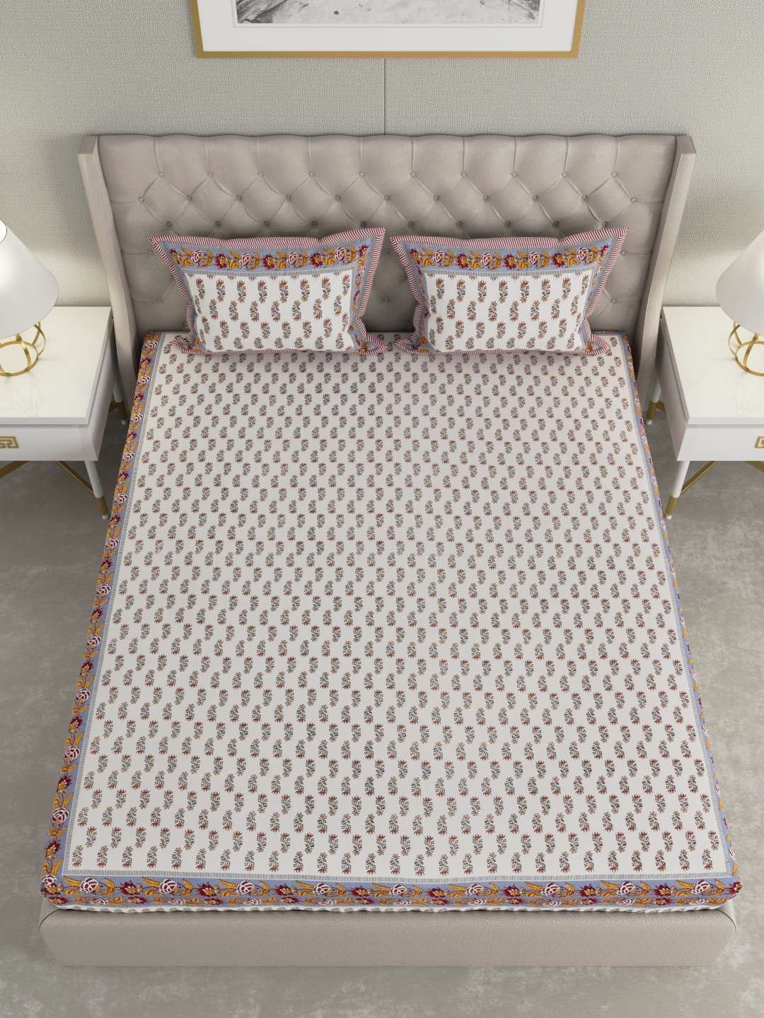 100% Pure Cotton Traditional Printed Bedsheet for Double Bed King Size Bedsheet with 2 Pillow Covers