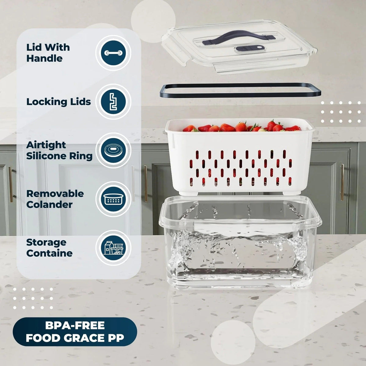 Homestic Pack of 3 Fridge Food Containers | Vegetable Fruit Boxes | Handheld Strainer Basket | Transparent