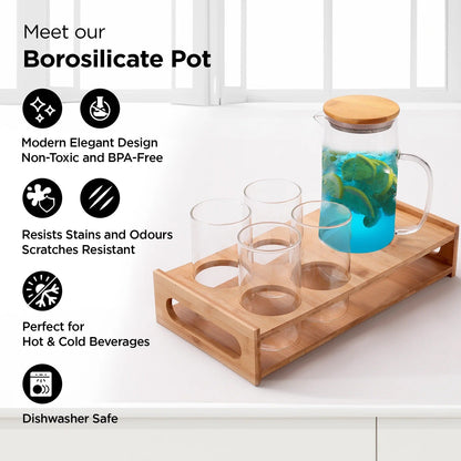 UMAI Glass Jug 950ml with Bamboo Tray + 4 Water Glasses 330ml Housewarming Gift Set