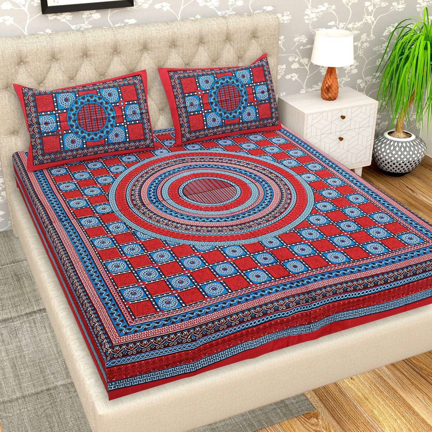 100% Pure Cotton Traditional Printed Bedsheet for Double Bed King Size Bedsheet with 2 Pillow Covers