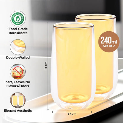 UMAI Double Wall Glass Coffee Mugs Set of 2 (240ml) | Yellow