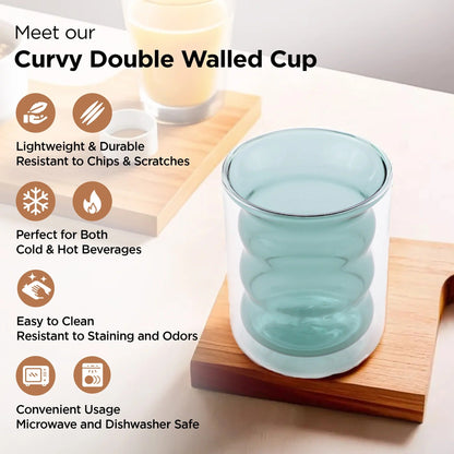 UMAI Double Wall Borosilicate Glass Coffee Mugs Set of 2 (200ml) | Curvy | Green