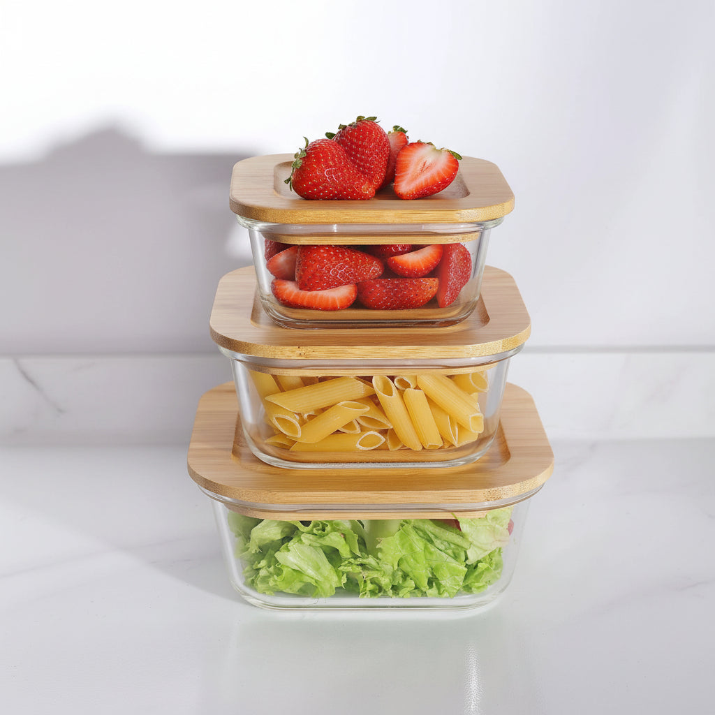 The Better Home Zest Series Borosilicate Food Containers with Bamboo Lid | 3pcs 320ml 520ml 800ml