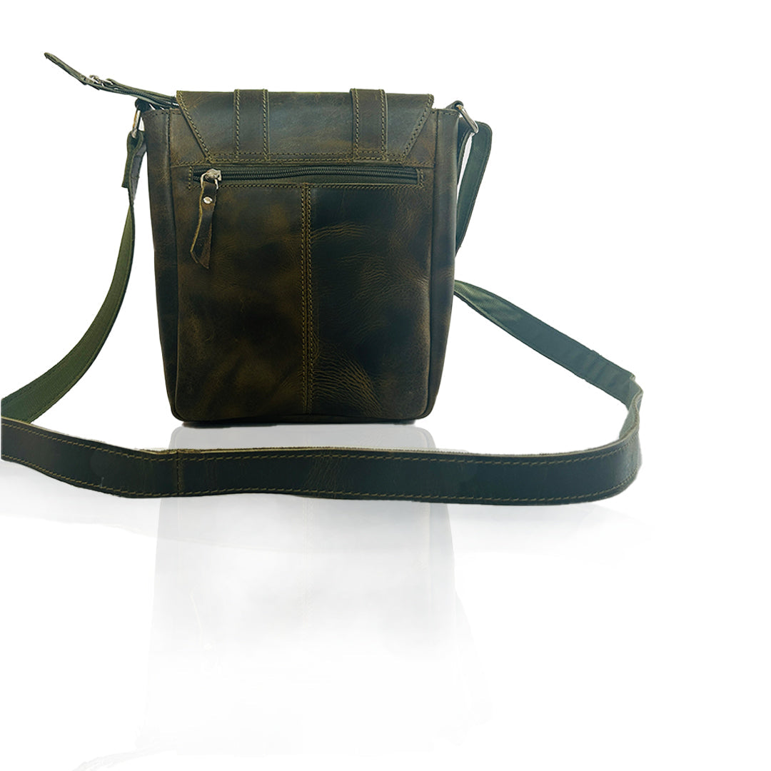 Craftshades -9 inches Green Colour Double Strip Buffalo Leather Sling Bag | 100% Genuine Leather
