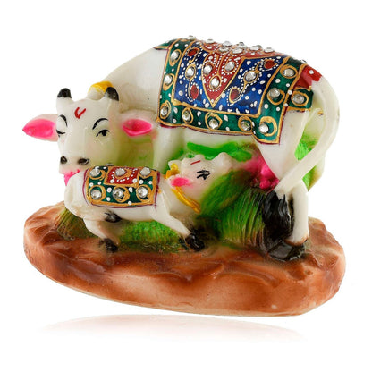 White Marble Kamdhenu Cow and Calf Statue (8.5 cm x 12 cm)