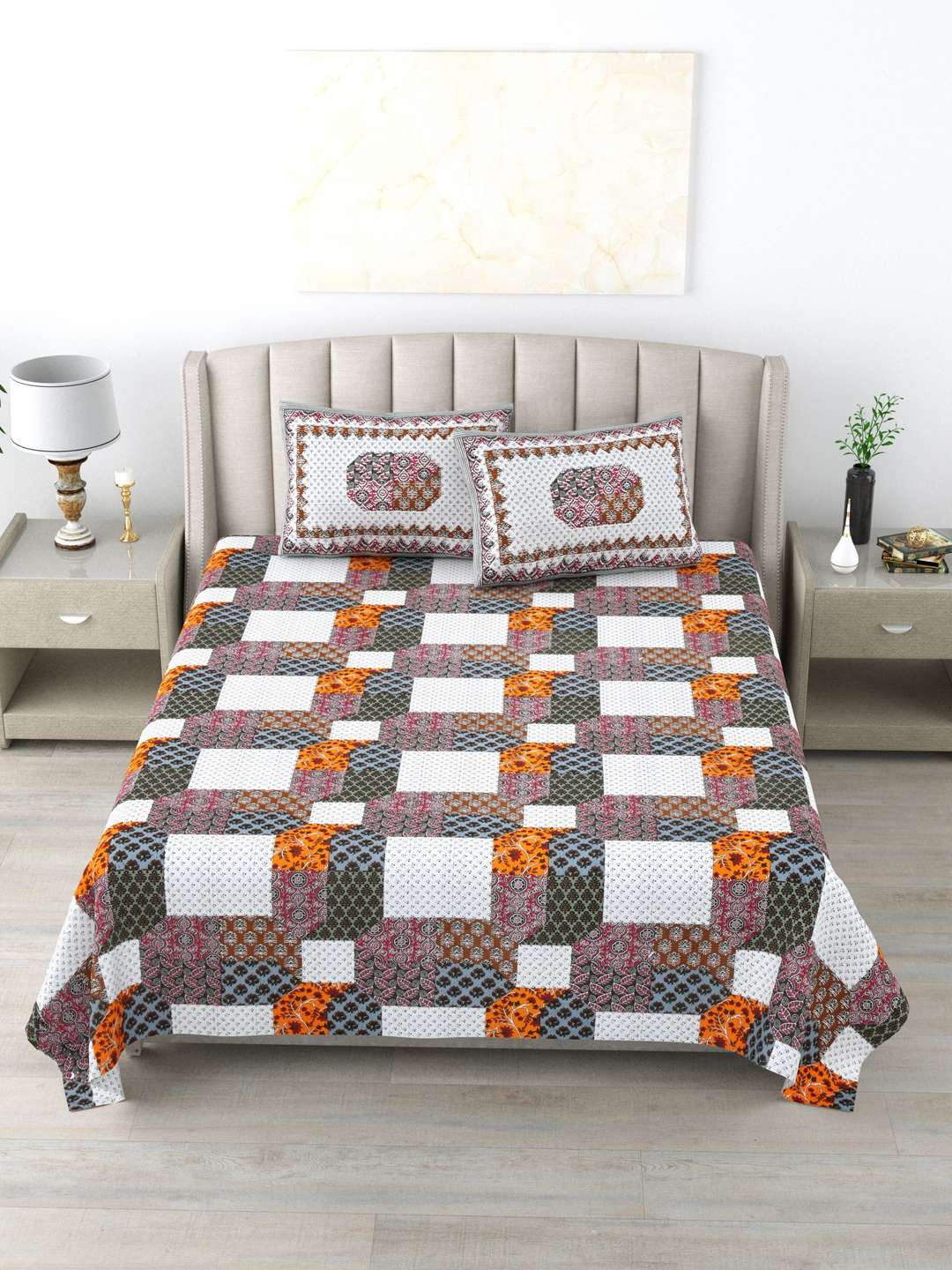100% Pure Cotton Traditional Printed Bedsheet for Double Bed King Size Bedsheet with 2 Pillow Covers