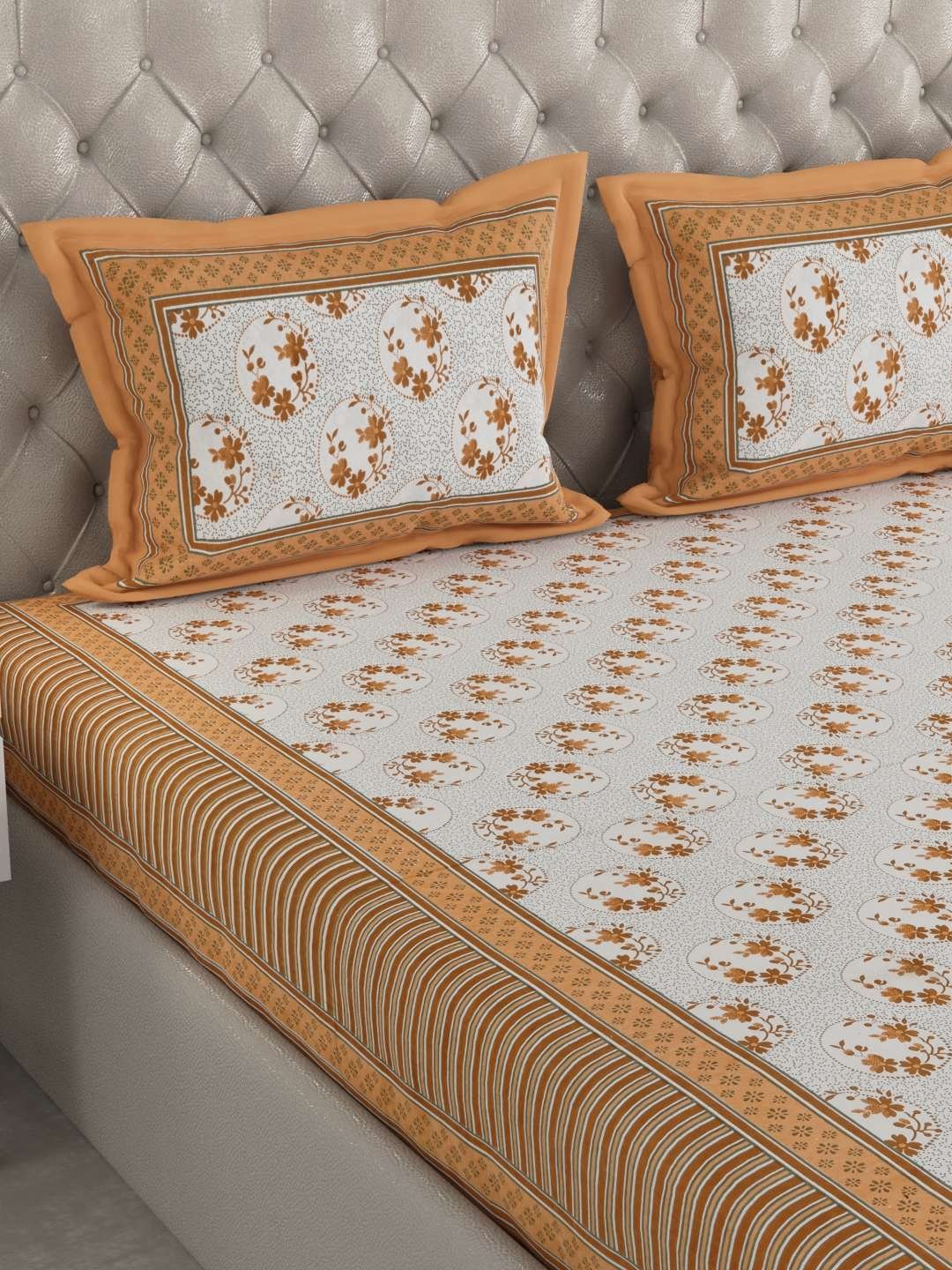 100% Pure Cotton Traditional Printed Bedsheet for Double Bed King Size Bedsheet with 2 Pillow Covers