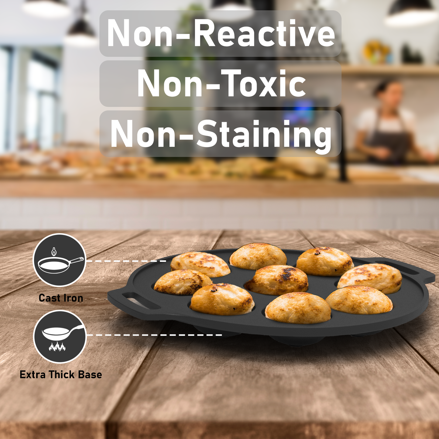 Esspy 9 Pit Pre-Seasoned Cast Iron Paniyaram Pan With Silicon Handle & Glass Lid| Non-stick | Induction Friendly | Appe/Paddu Pan | 100% Pure & Toxin-Free | Gunta Ponganalu/Paddu | Cast Iron Cookware