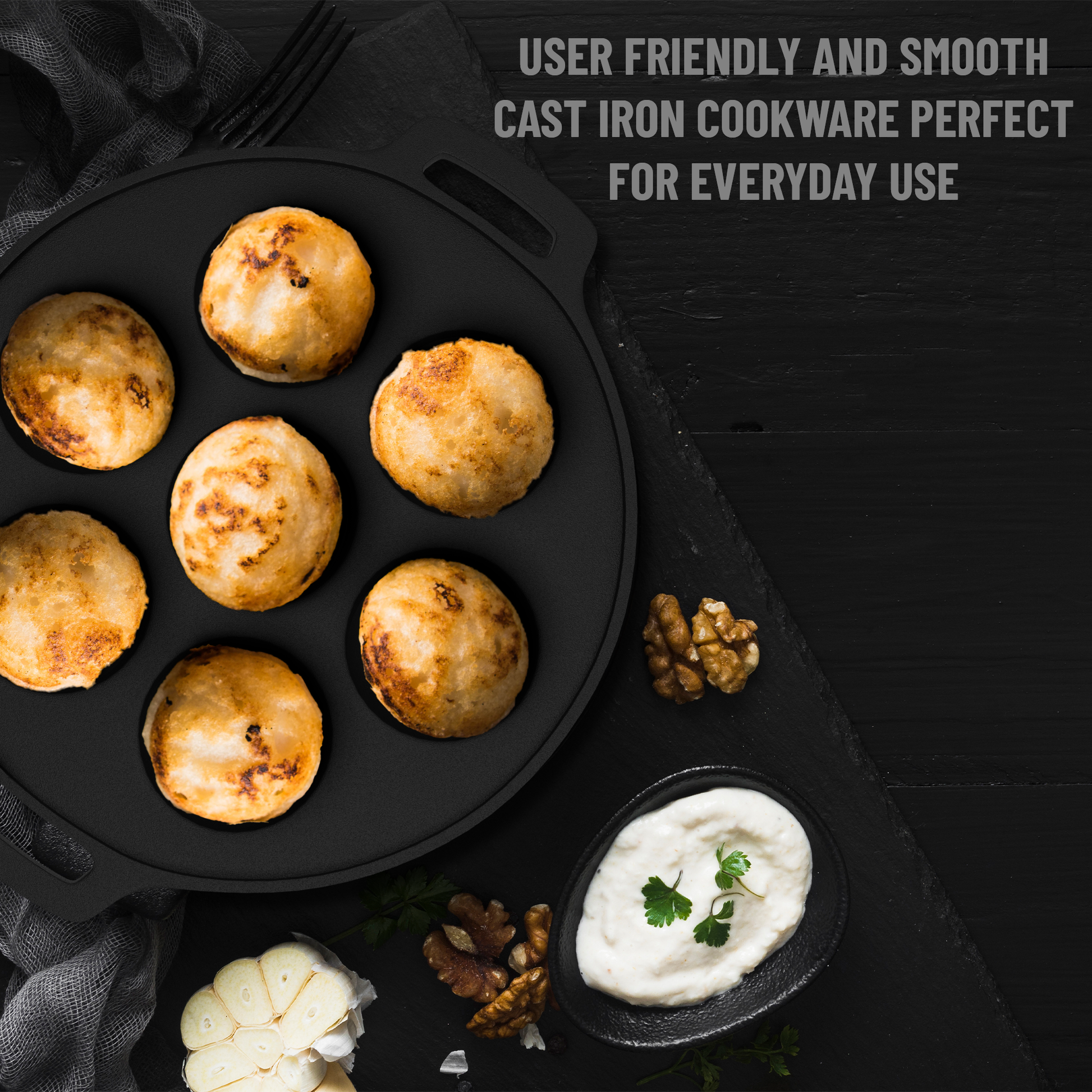 Esspy 7 Pit Pre-Seasoned Cast Iron Paniyaram Pan With Silicon Handle | Non-stick | Induction Friendly | Appe/Paddu Pan | 100% Pure & Toxin-Free | Gunta Ponganalu/Paddu | Cast Iron Cookware