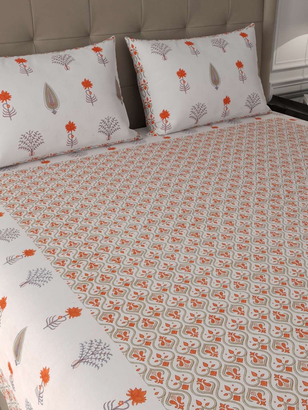 100% Pure Cotton Traditional Printed Bedsheet for Double Bed King Size Bedsheet with 2 Pillow Covers