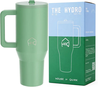 House of Quirk 1200ML Tumbler with Handle & Simple Flip Straw – Car Cup Holder Friendly, Leak Resistant Stainless Steel Water Bottle with Rubber Base 
