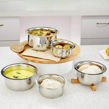 USHA SHRIRAM Stainless Steel Tope Set with Lid 5pcs (800ml+1L+1.4L+1.9L+2.4L) Gas Induction Flat Bottom
