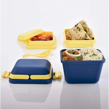 Urbane Home 3-Compartment Plastic Lunch Box | 500ml | Push Lock | Blue | Tiffin