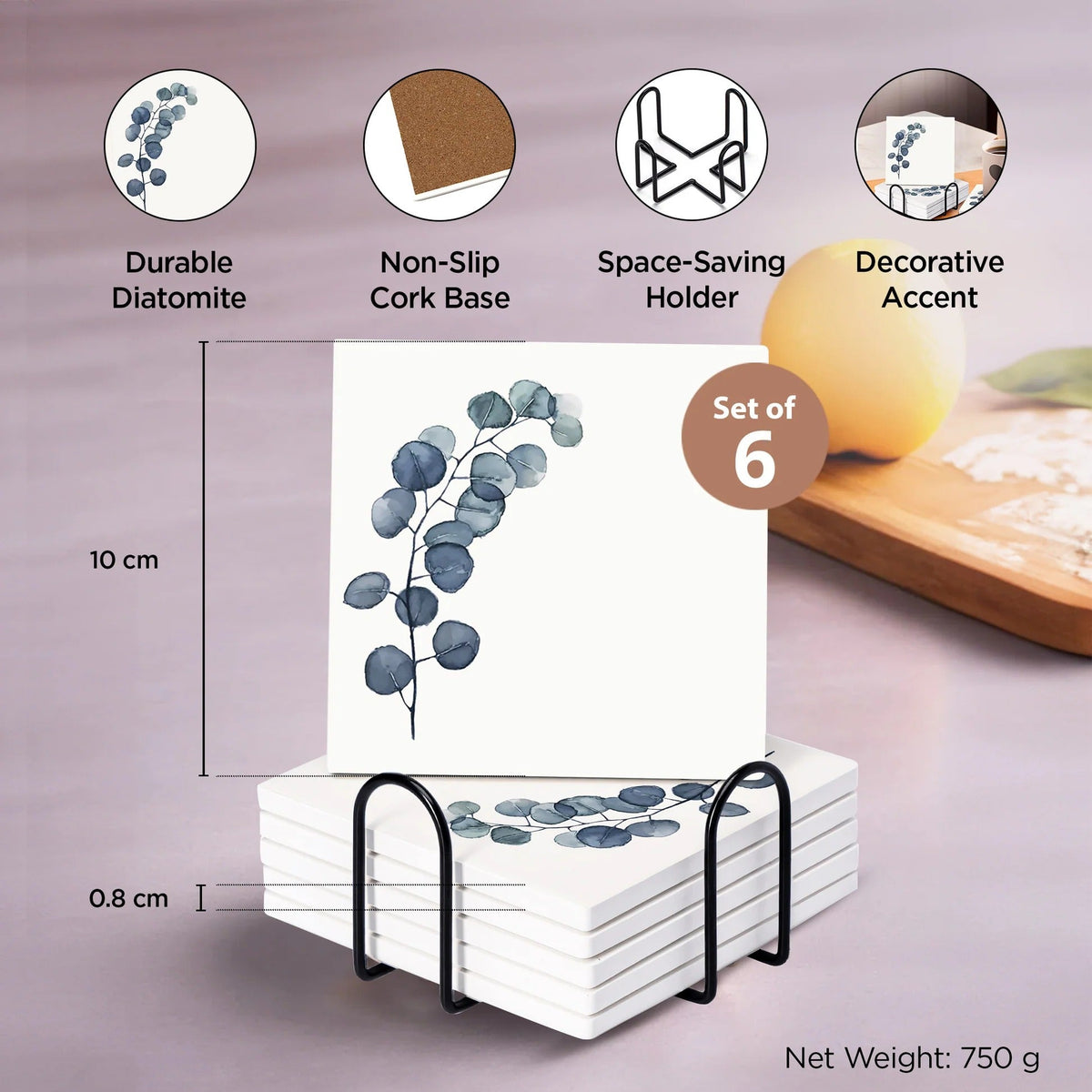 UMAI Diatomite Coasters Set of 6 with Holder 10cm 8mm Thick White Dining Table Absorbent