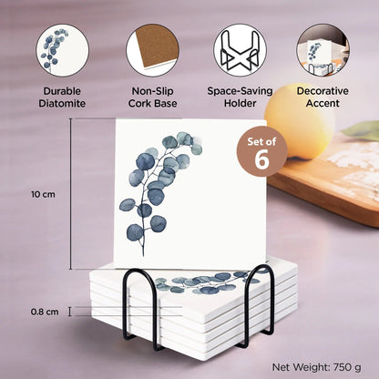 UMAI Diatomite Coasters Set of 6 with Holder 10cm 8mm Thick White Dining Table Absorbent