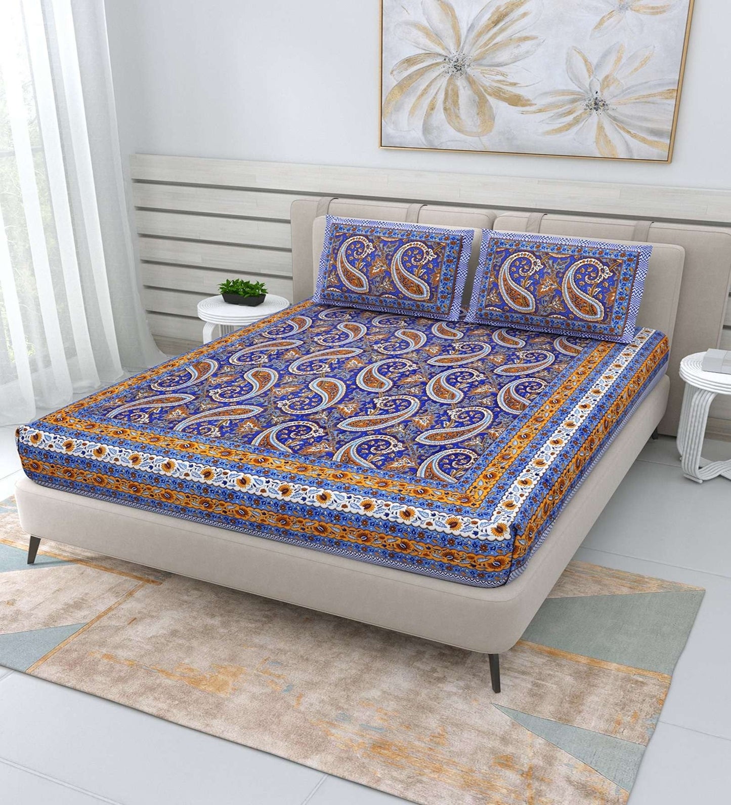 100% Pure Cotton Traditional Printed Bedsheet for Double Bed King Size Bedsheet with 2 Pillow Covers