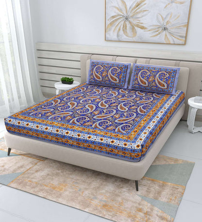 100% Pure Cotton Traditional Printed Bedsheet for Double Bed King Size Bedsheet with 2 Pillow Covers