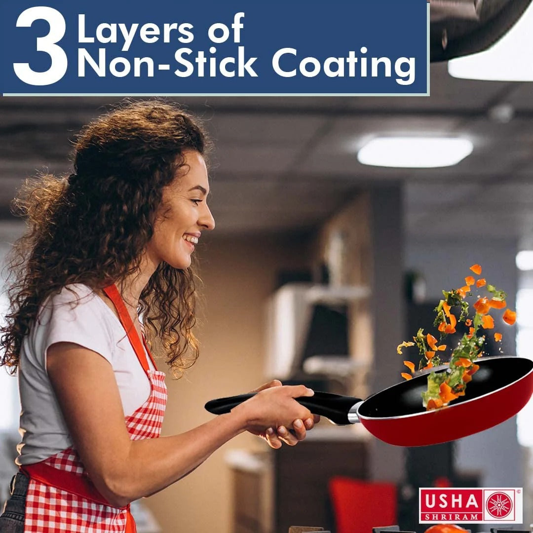 USHA SHRIRAM Non-Stick Frying Pan 26cm 3-Layer Coating Easy Grip Handle Minimal Oil Red