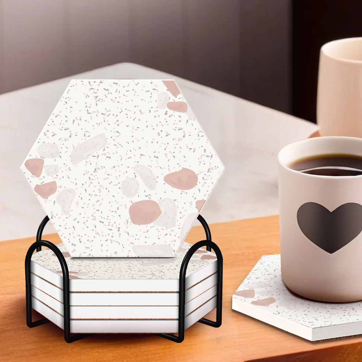 UMAI Diatomite Coaster Set of 6 Hexagonal Design Absorbent Home Office Blue Pack with Holder