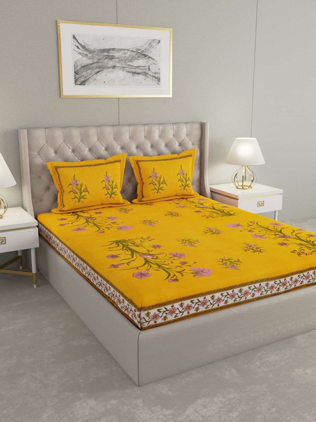 100% Pure Cotton Traditional Printed Bedsheet for Double Bed King Size Bedsheet with 2 Pillow Covers
