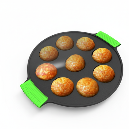 Esspy 9 Pit Pre-Seasoned Cast Iron Paniyaram Pan With Silicon Handle | Non-stick | Induction Friendly | Appe/Paddu Pan | 100% Pure & Toxin-Free | Gunta Ponganalu/Paddu | Cast Iron Cookware