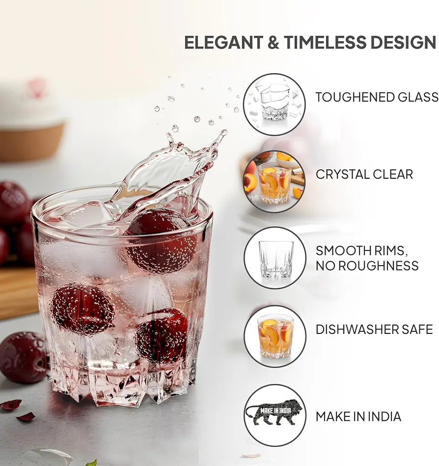 CELLO Estonia Glass Set of 6 Pcs 200 ml, Transparent | Freezer & Fridge Safe, Leadfree Dishwasher Safe Toughened Crystal Clear Glasses Set For Drinking Water Juice Milk Cocktail Mocktail Coldrink Soda